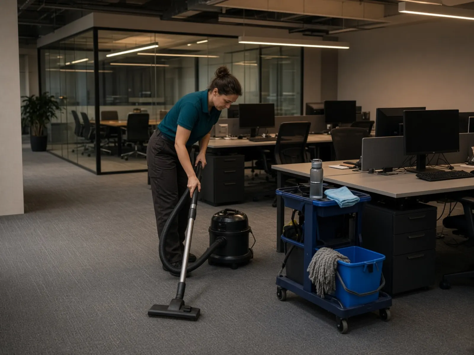 Büroreinigung Hamburg — Staubsaugen zwischen Schreibtischen nach Feierabend — ReinAllRound