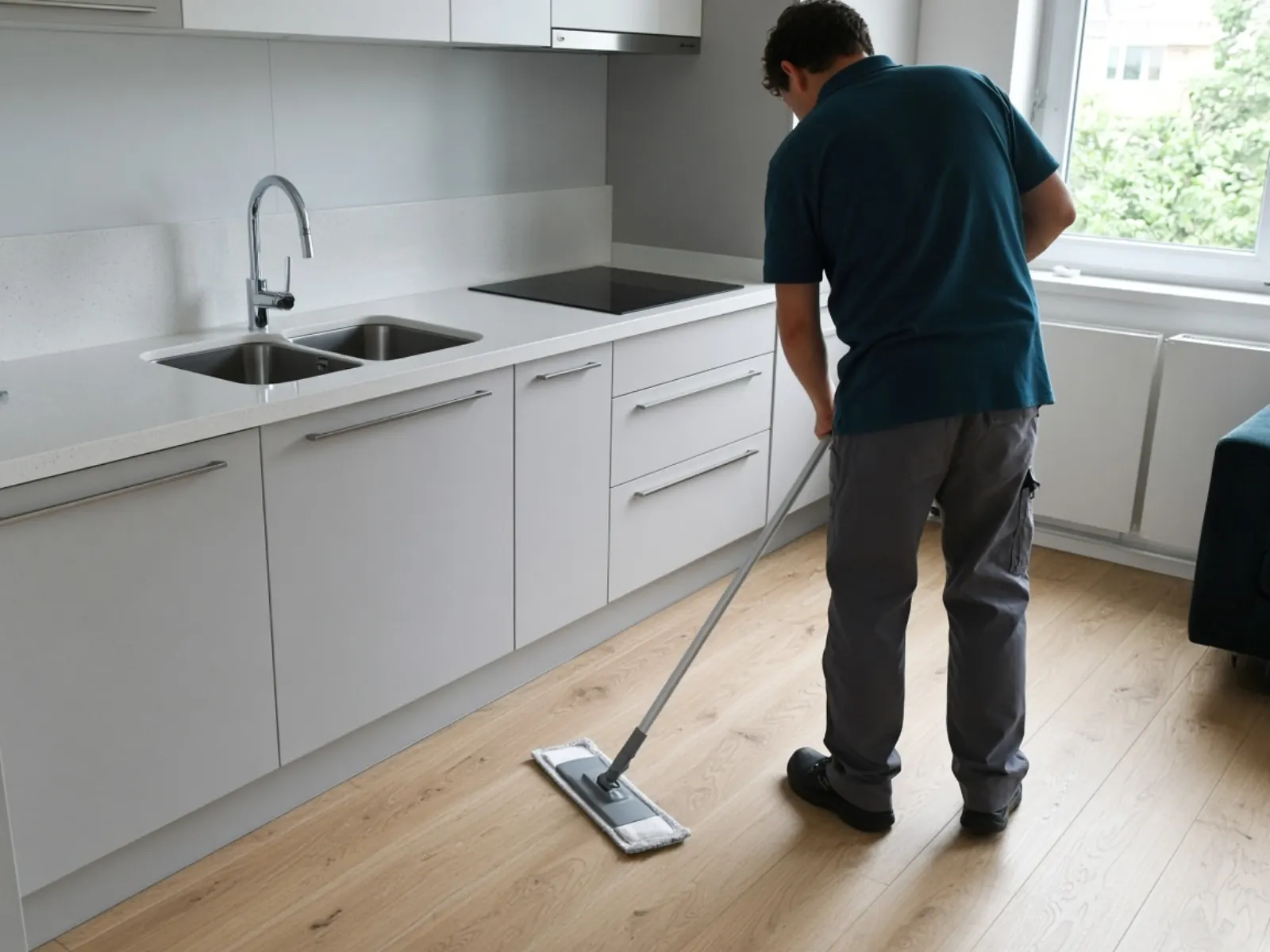 Wohnungsreinigung Hamburg — Küche nach Grundreinigung, Böden werden gewischt — ReinAllRound